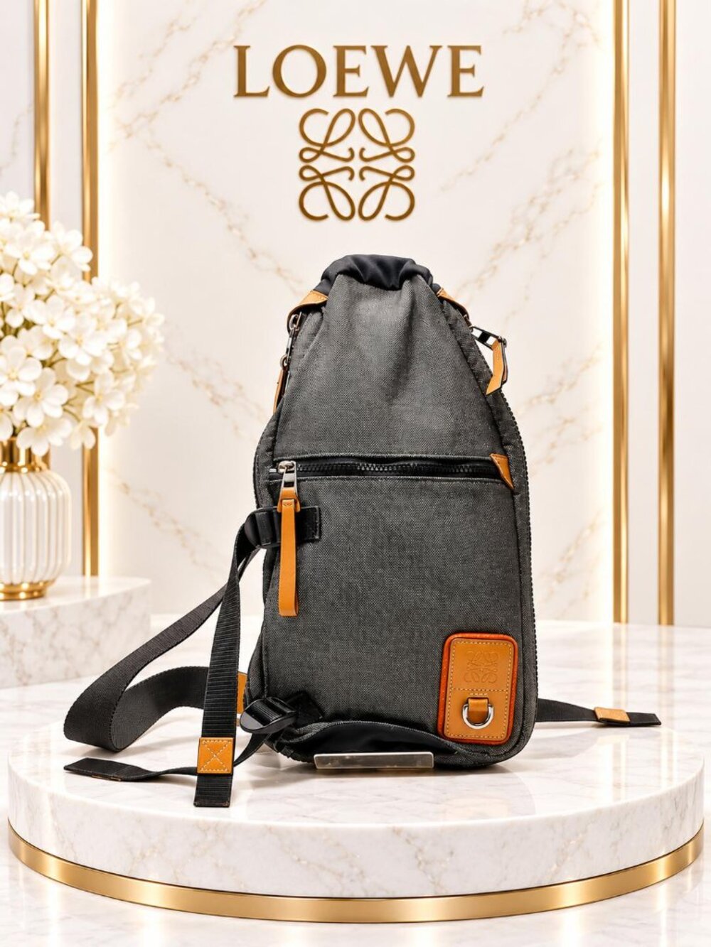 Authentic LOEWE Nylon Sling Crossbody Bag Tan Leather Trim Gold Tone Hardware